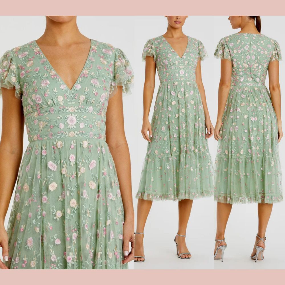 NWT MAC DUGGAL [ 20 ] 35104 Embroidered V Neck Cap Sleeve Midi‎ Dress Sage Green